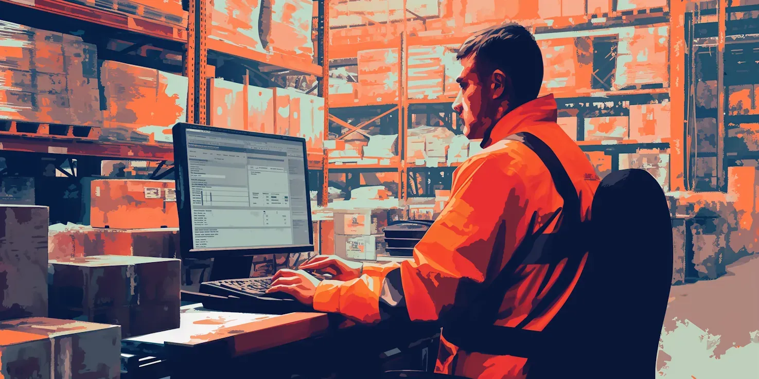 Warehouse employee using inventory management software on desktop computer, surrounded by stacked boxes on industrial shelving
