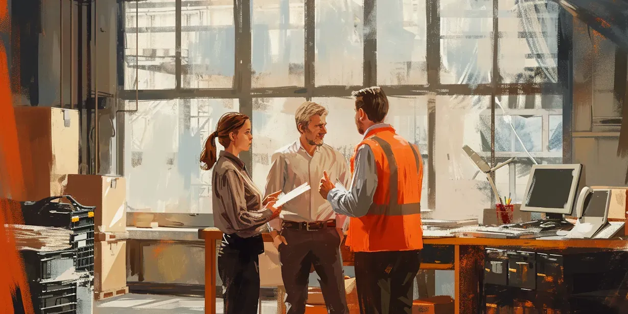 Warehouse manager discussing logistics strategy with colleagues in office space, with computer and paperwork visible