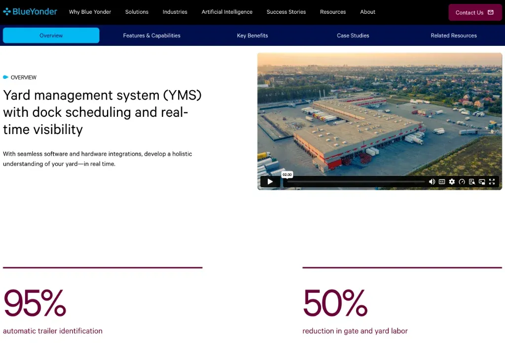 Blue Yonder Yard Management System platform overview page highlighting dock scheduling, real-time yard visibility, and automated trailer identification metrics