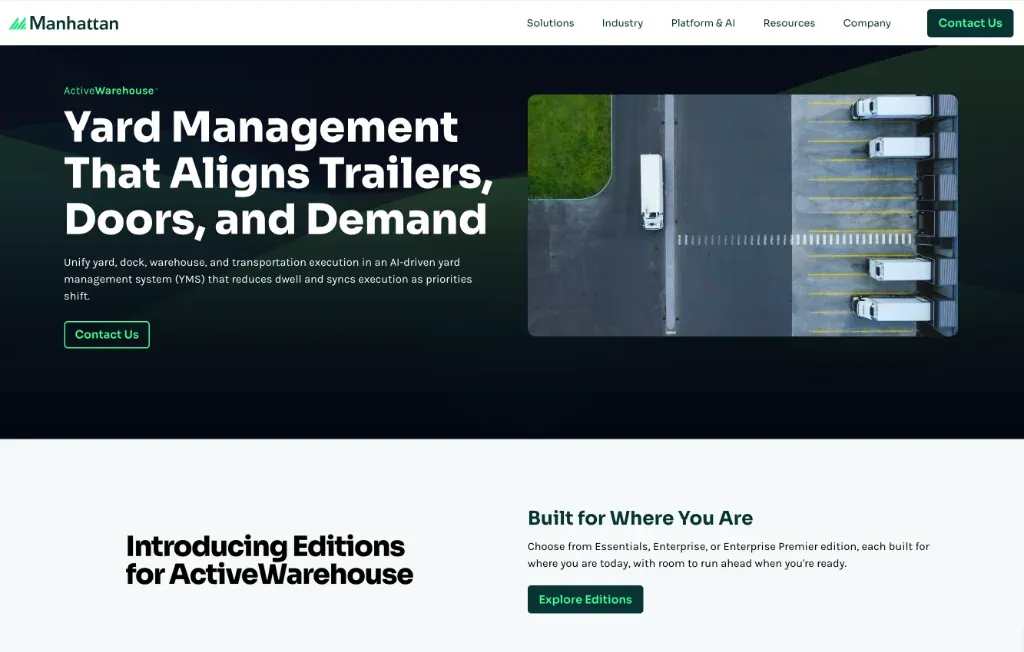 Manhattan Active Yard Management platform overview highlighting alignment of trailers, loading dock doors, and demand synchronization