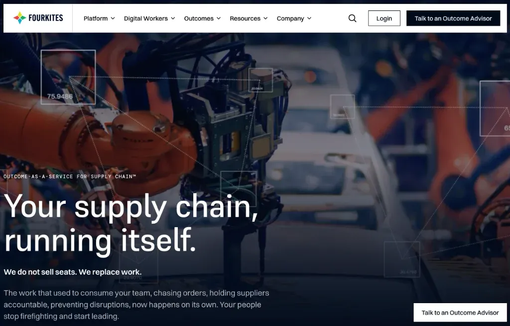 FourKites supply chain and yard management platform homepage featuring outcome-driven visibility and automated operations overview