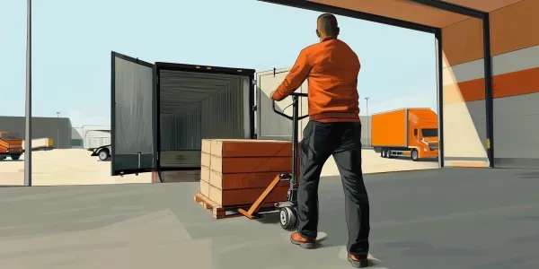 Worker unloading freight from a truck trailer using a pallet jack