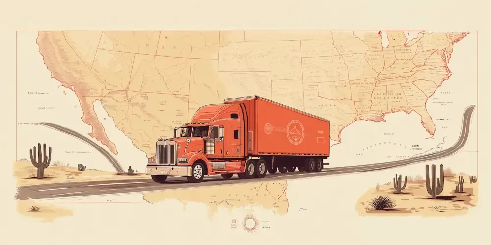 Cross-border freight trucks at a nearshoring logistics hub in North America