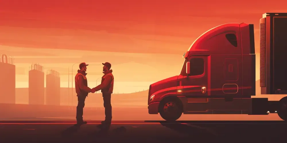 Two logistics professionals shaking hands beside a parked semi‑truck at dusk, illustrating transportation partnership and trust