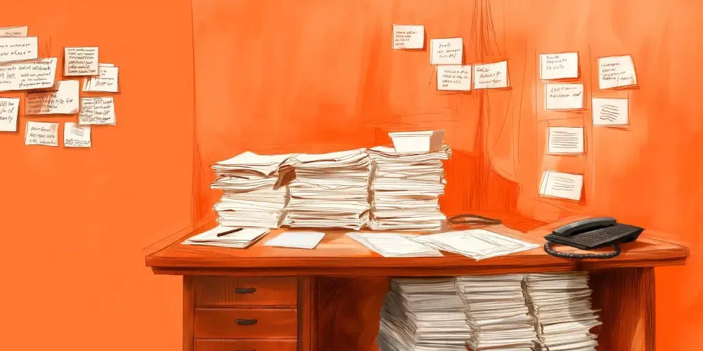 Cluttered desk with paper stacks representing outdated supply chain processes