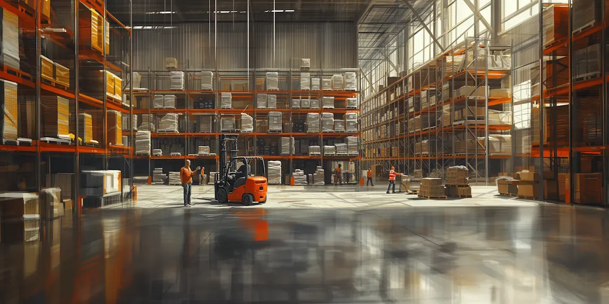 Modern warehouse interior with high industrial shelves, forklift operation, and workers in safety gear managing logistics and inventory