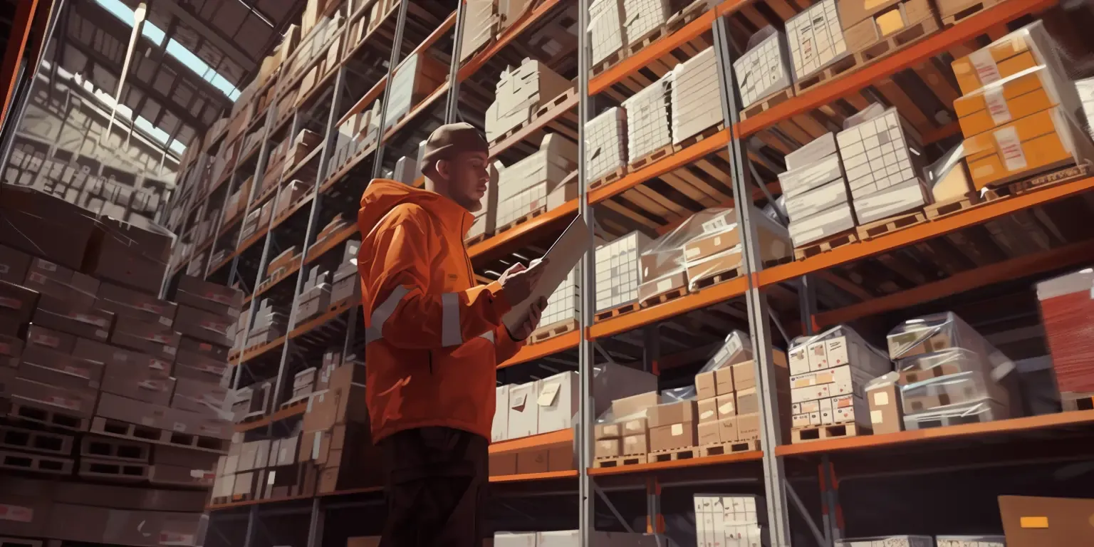 Warehouse employee in orange safety jacket inspecting inventory and checking documents against tall storage racks filled with boxes