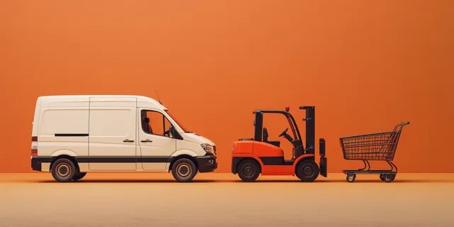 Retail supply chain breakdown with delivery van, forklift, and shopping cart