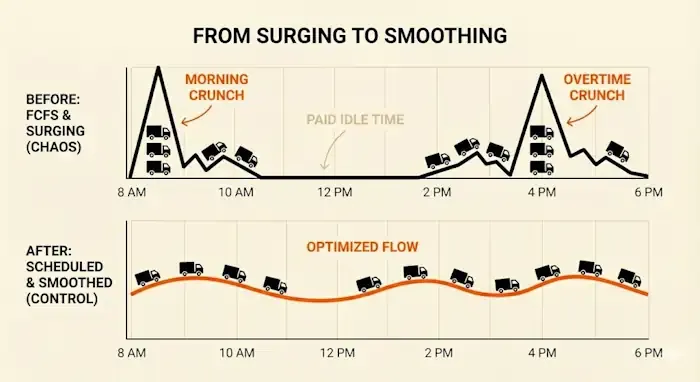 Comparison diagram titled “From Surging to Smoothing” showing chaotic delivery surges and idle time before scheduling optimization, versus a smooth, balanced workflow after implementing optimized scheduling.