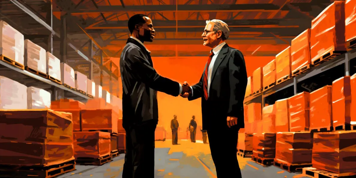 Two business professionals shaking hands in a warehouse, symbolizing successful logistics partnership and supply chain collaboration