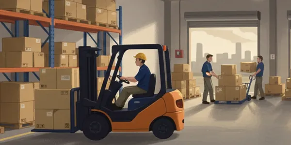 Man in forklift moving boxes, with workers in a warehouse beside him.