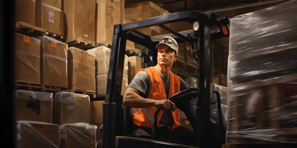 Warehouse worker operating a forklift, moving shrink-wrapped pallets in a storage facility
