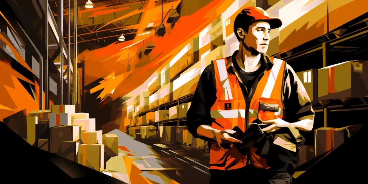 Warehouse worker wearing a safety vest and cap holding a tablet, standing amidst stacked boxes in a large, brightly lit warehouse