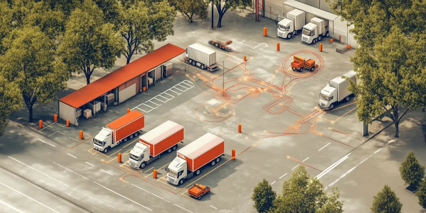 Aerial view of a logistics yard with multiple delivery trucks, trailers, and cargo containers, demonstrating yard visibility and transportation flow management