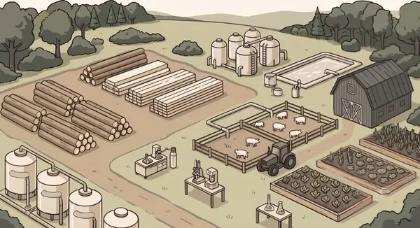Livestock stockyards, timber grounds, and agricultural depots